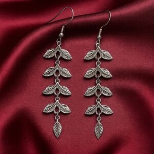 3.75 Inch Textured Metal Leaves Design Drop Dangle Earrings - Silver Tone Finish
